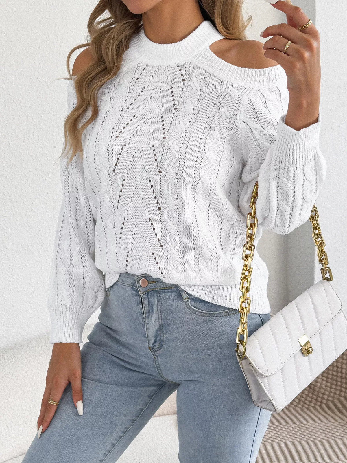 Cold-Shoulder Cable-Knit Jumper