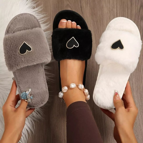 Heart Faux-Fur Slider Slippers