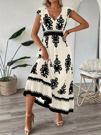 Printed Ruffle V-Neck Maxi Dress
