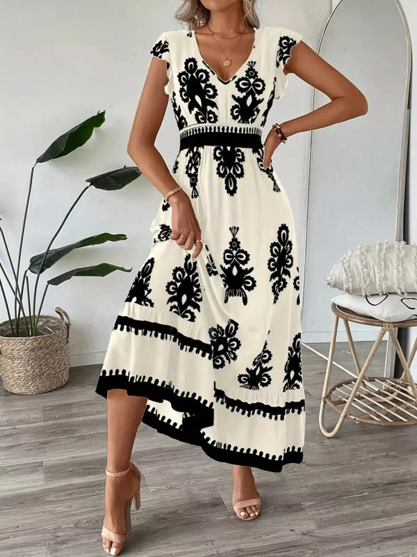 Printed Ruffle V-Neck Maxi Dress