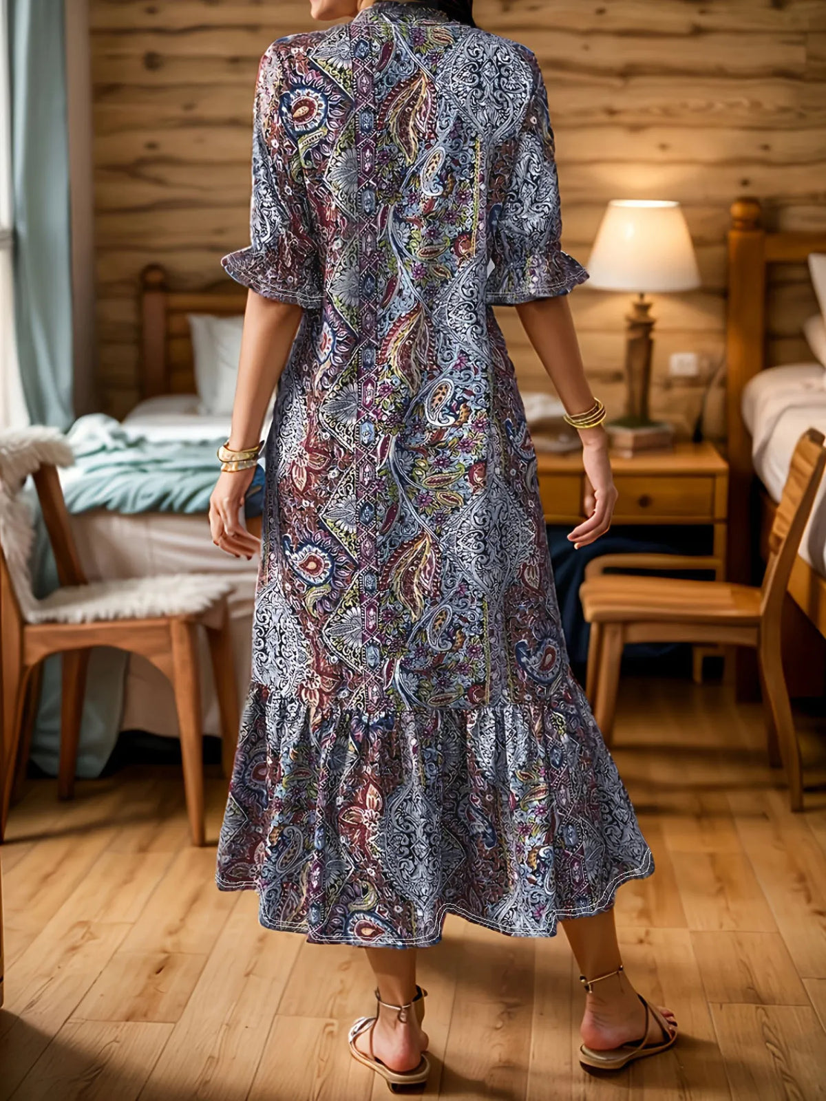 Boho Paisley Ruffle-Hem Midi Dress