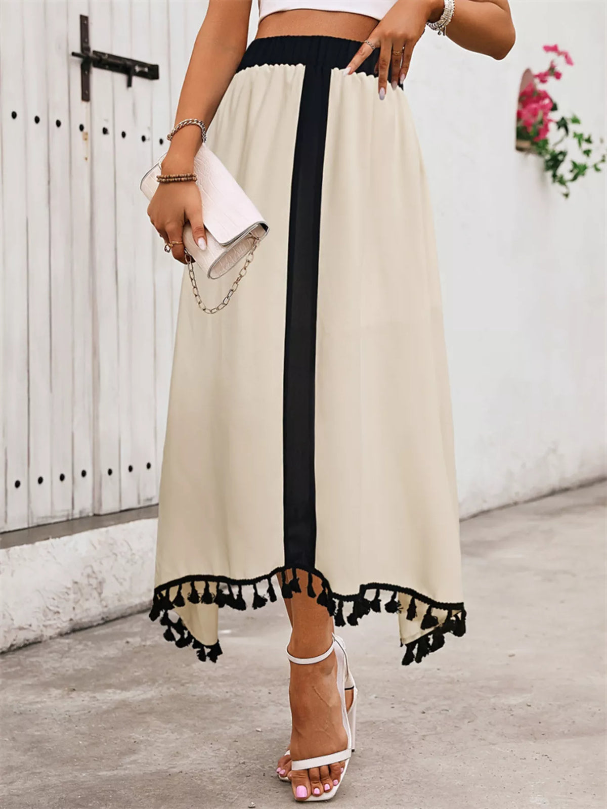 Tassel-Trim High-Waist Maxi Skirt