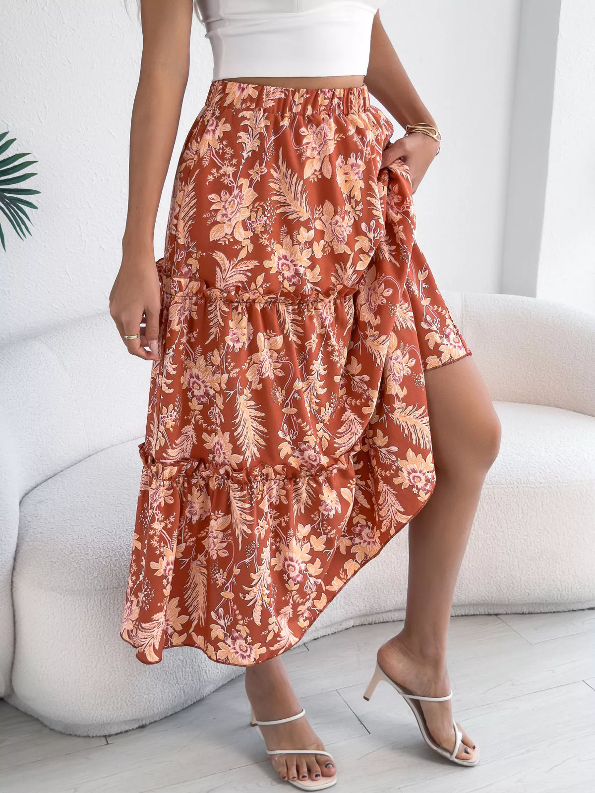 Midnight Floral Ruffle-Hem Midi Skirt