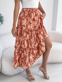 Midnight Floral Ruffle-Hem Midi Skirt