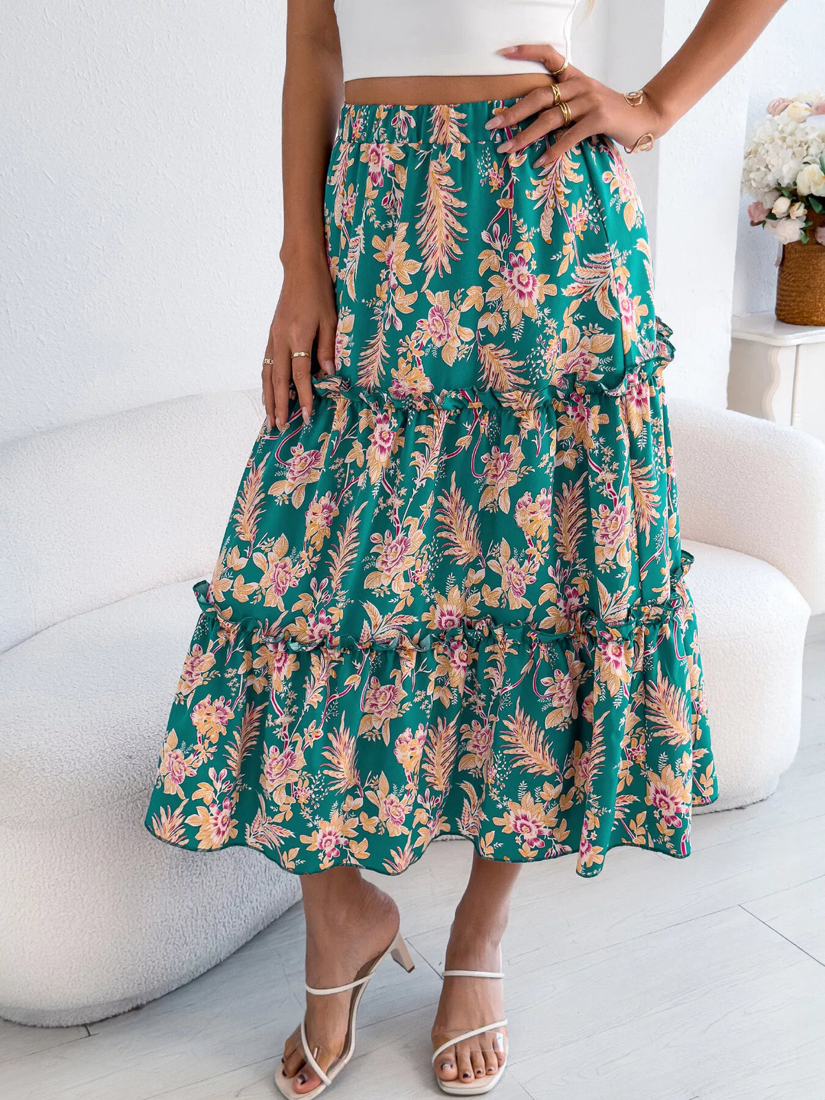 Midnight Floral Ruffle-Hem Midi Skirt