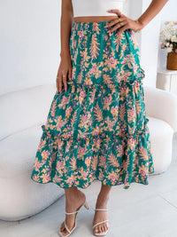 Midnight Floral Ruffle-Hem Midi Skirt