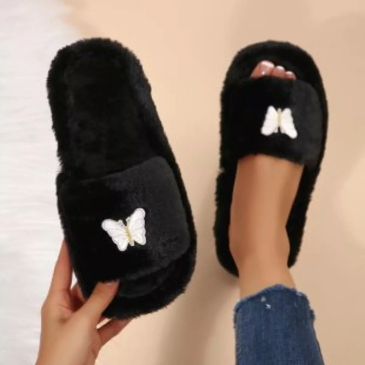 Butterfly Faux-Fur Slider Slippers