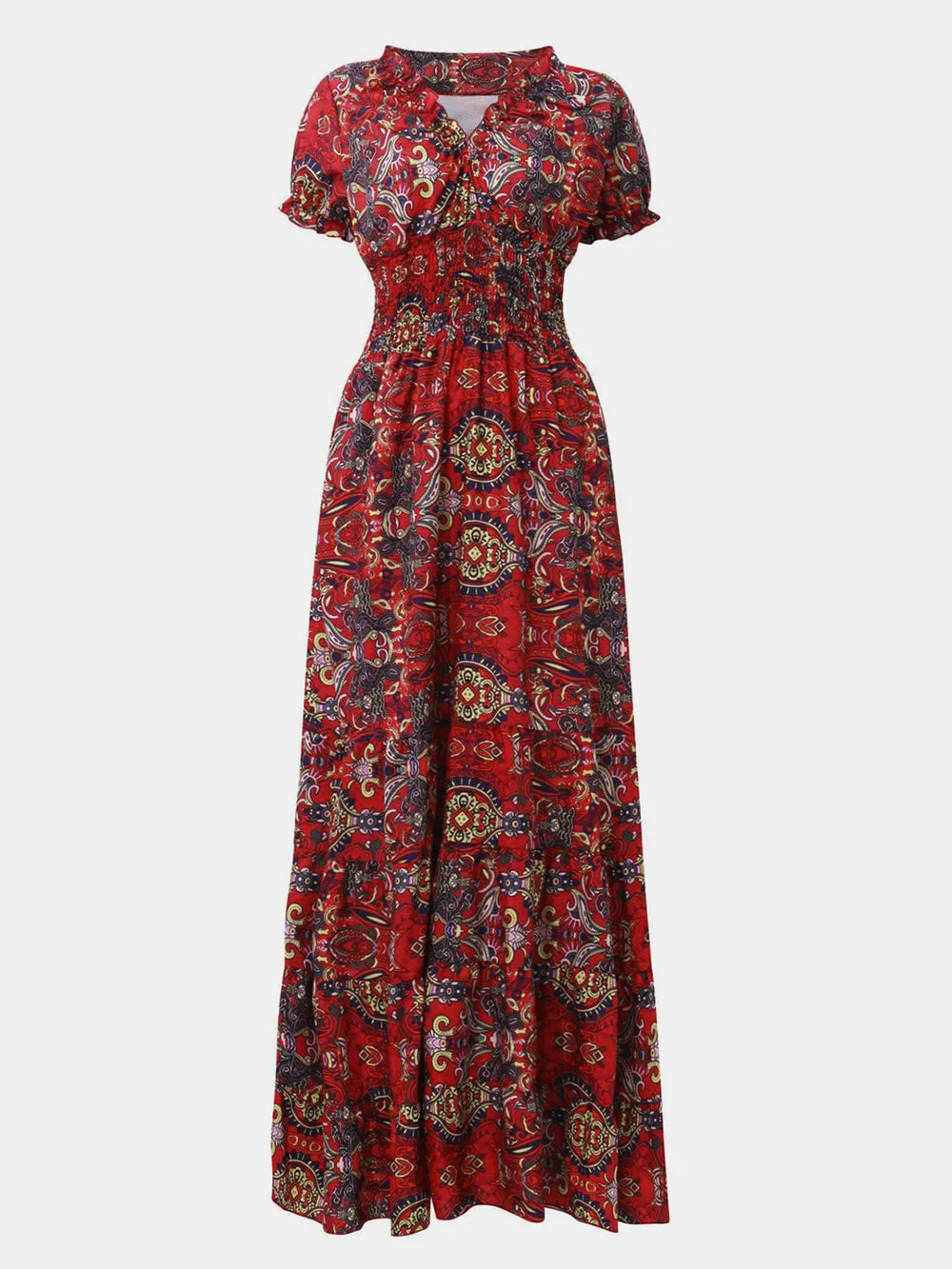Smocked Printed V-Neck Maxi Dress