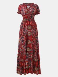 Smocked Printed V-Neck Maxi Dress
