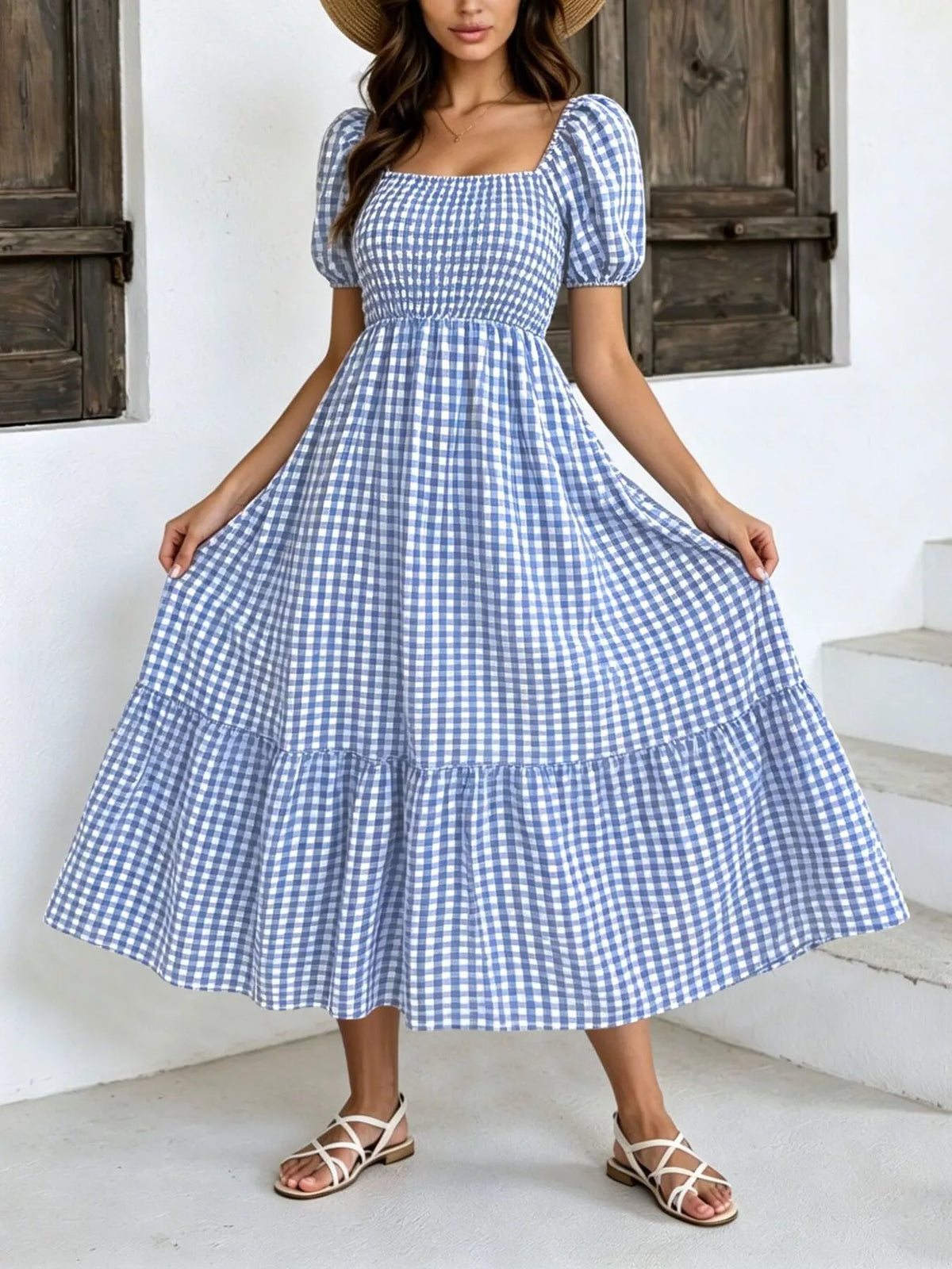 Gingham Smocked Puff-Sleeve Midi Dress