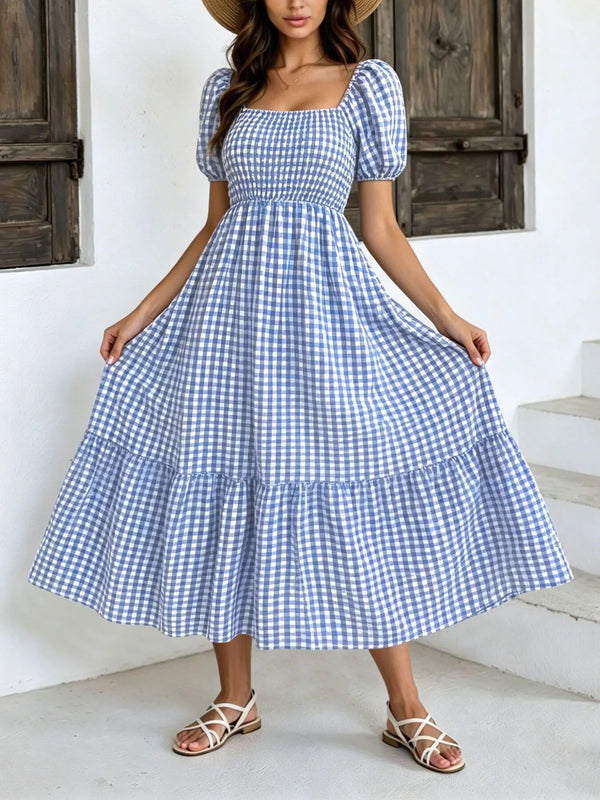 Gingham Smocked Puff-Sleeve Midi Dress