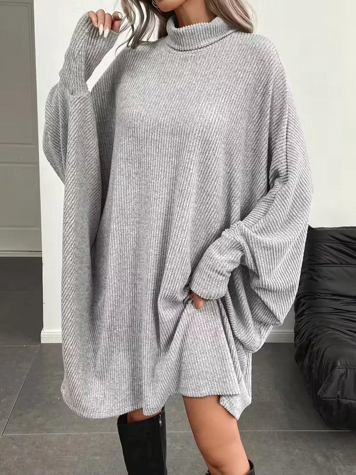 Oversized Ribbed Roll-Neck Jumper Dress