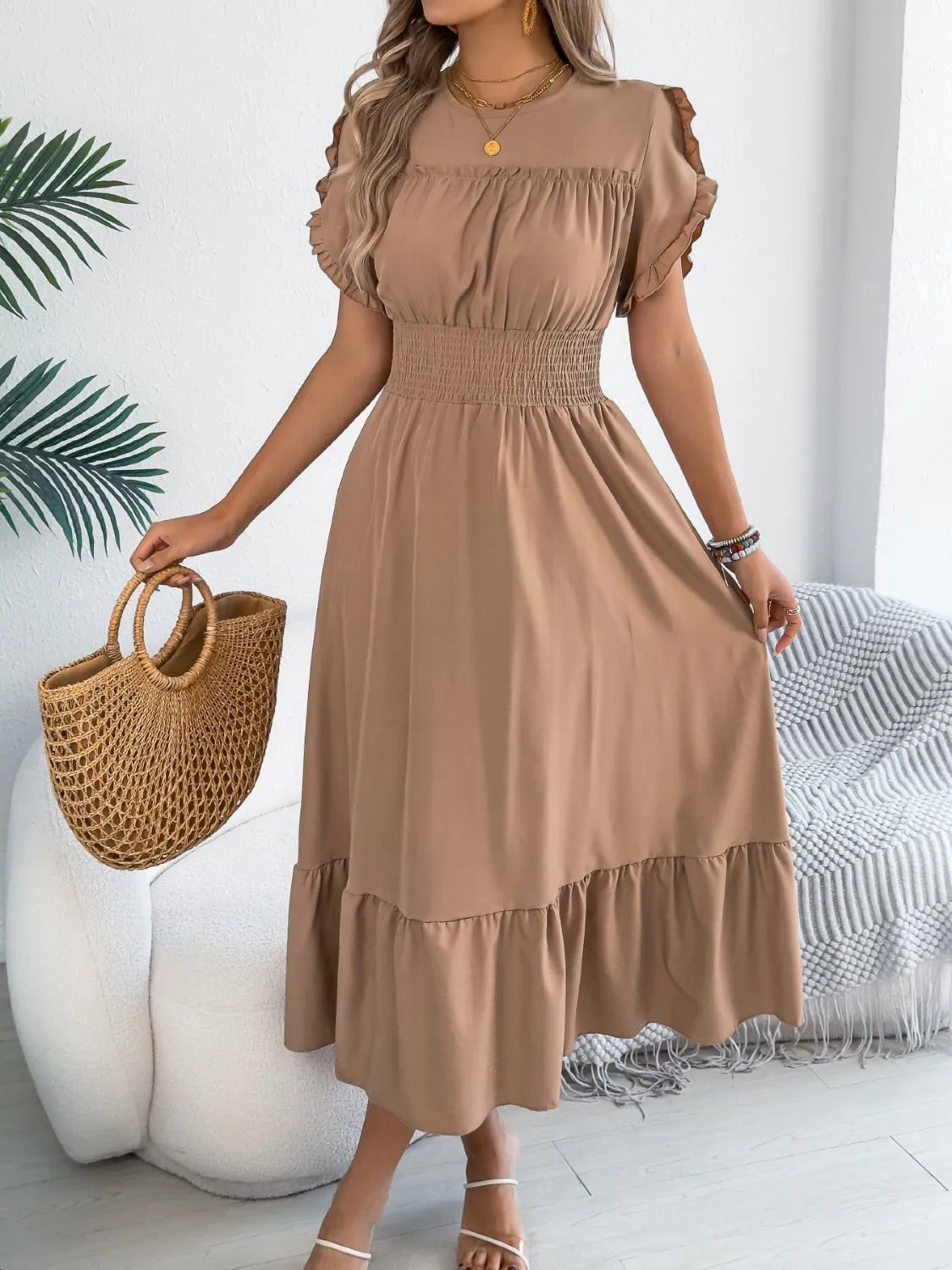 Smocked Frill-Neck Midi Dress