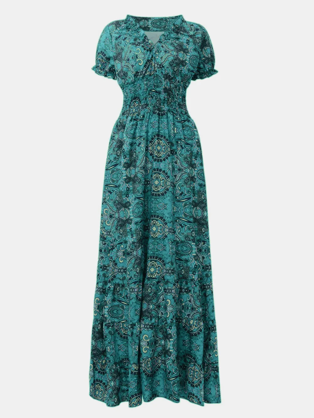 Smocked Printed V-Neck Maxi Dress