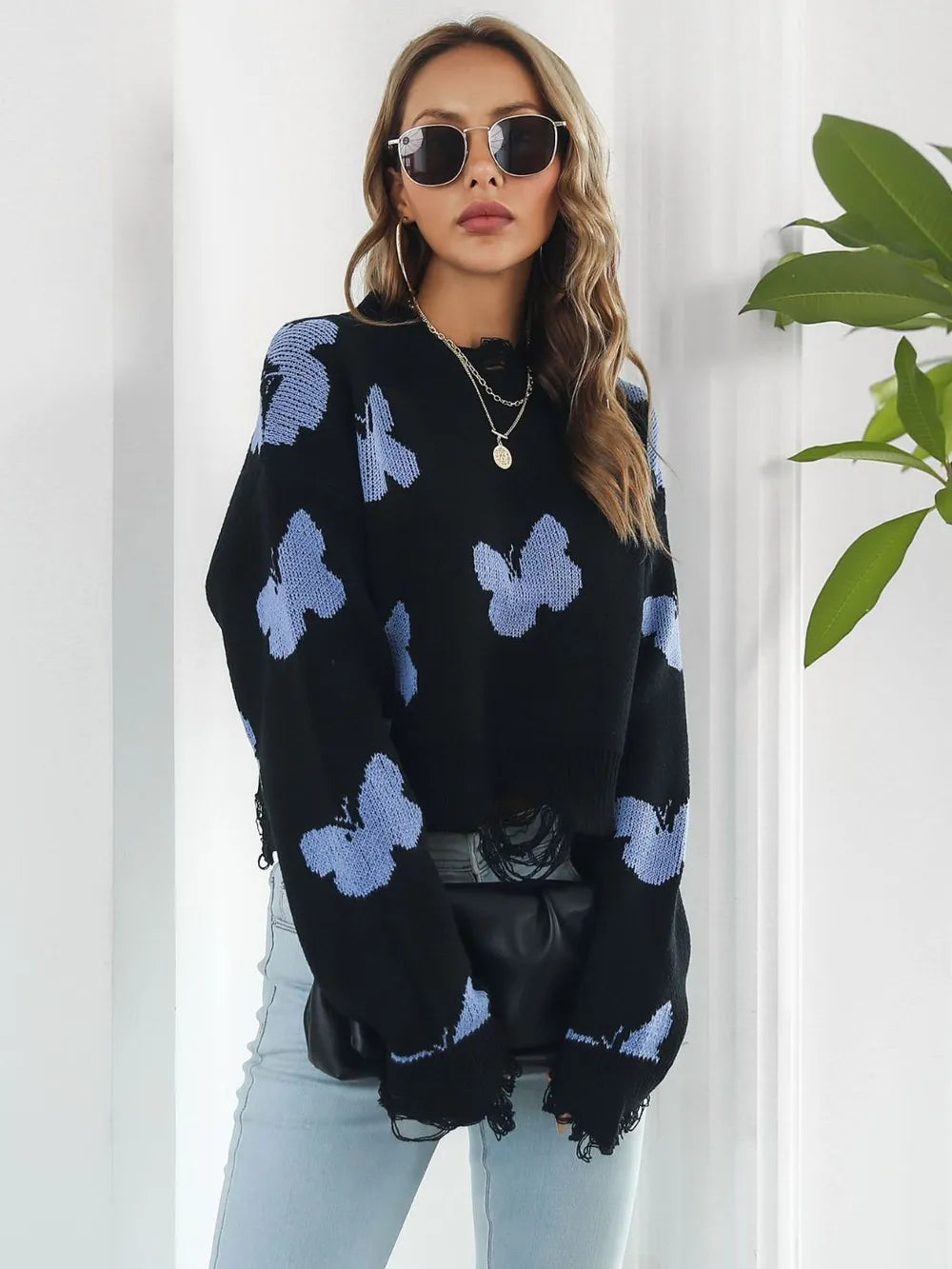 Butterfly Distressed Cropped Jumper