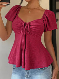 Ruched Flutter Sleeve Peplum Top