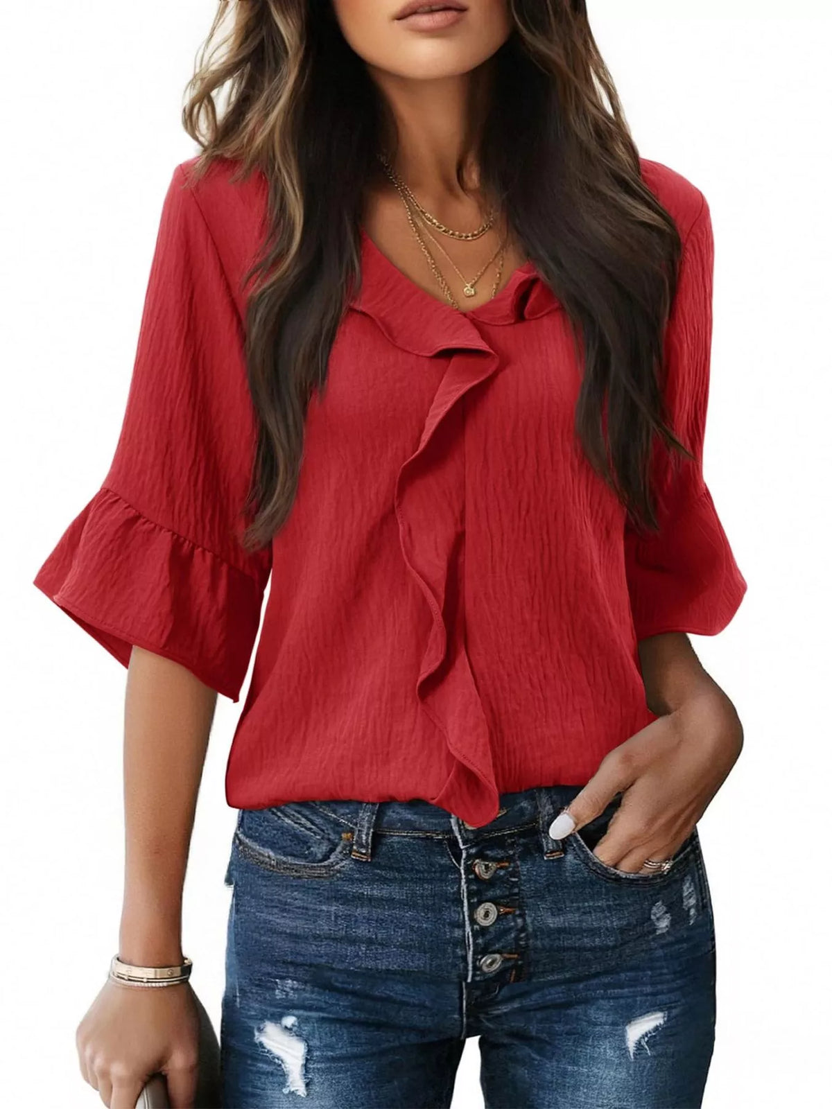 Champagne Ruffle V-Neck Blouse