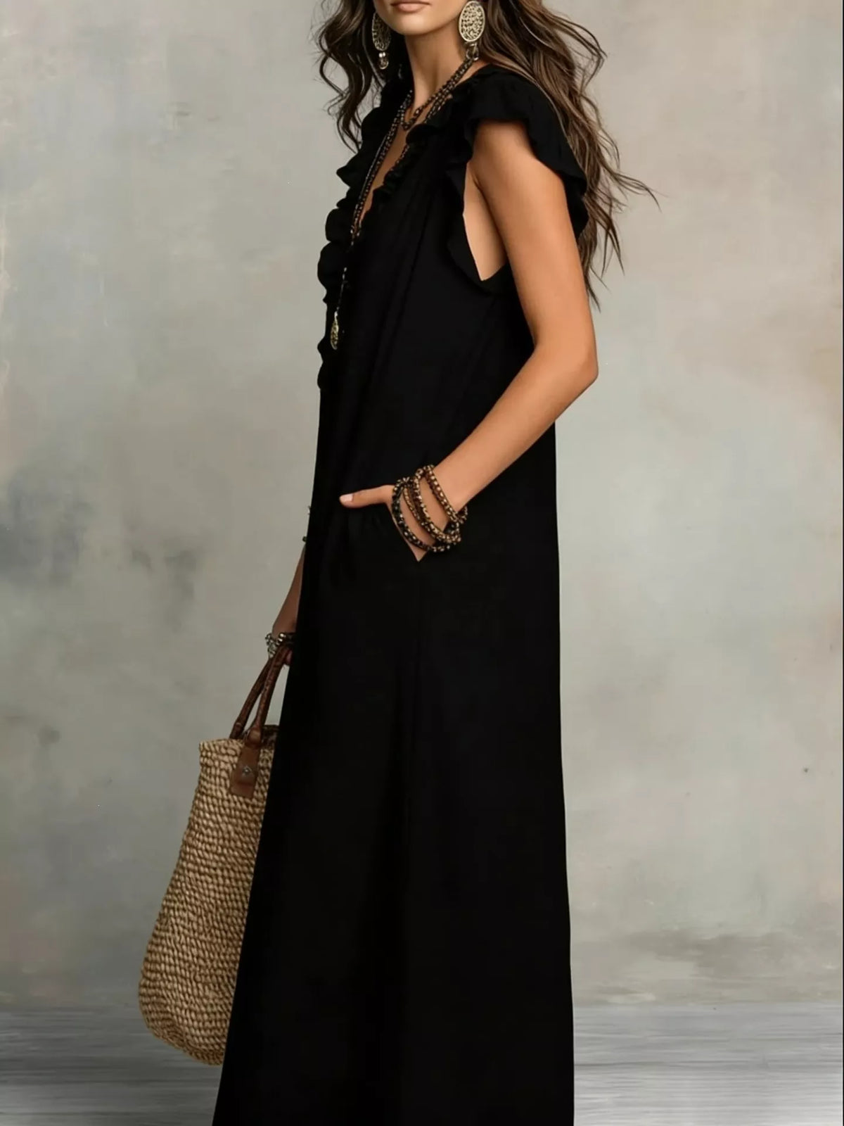 Ruffled Cap-Sleeve Maxi Dress with Pockets