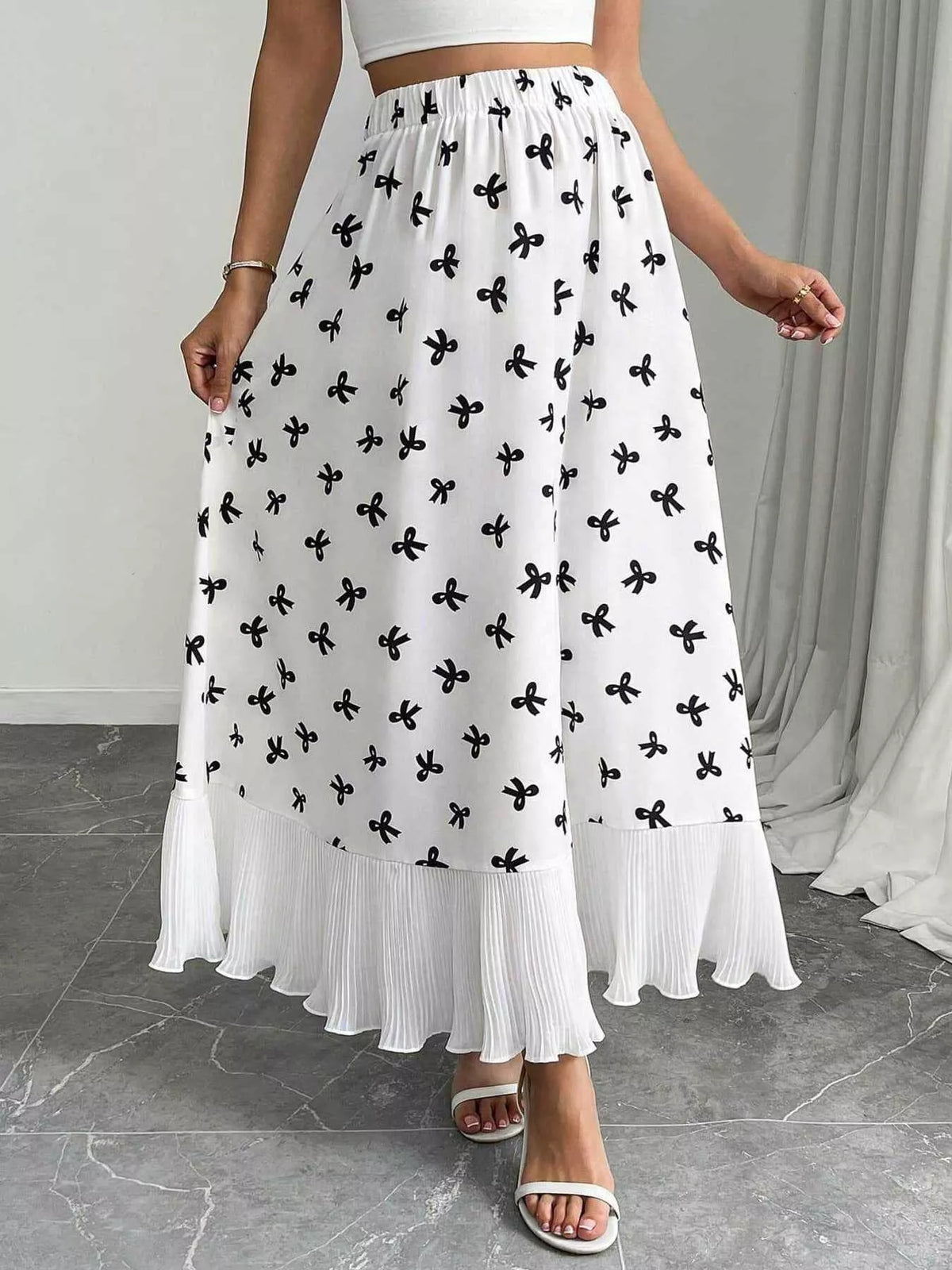 Bow-Print Ruffle-Hem Maxi Skirt