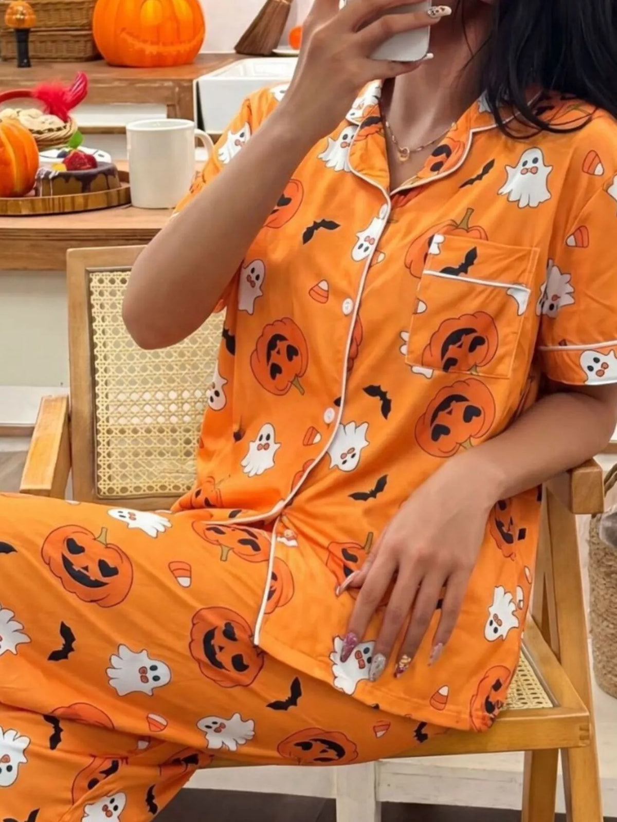 Pumpkin Print Button-Up Pyjama Set