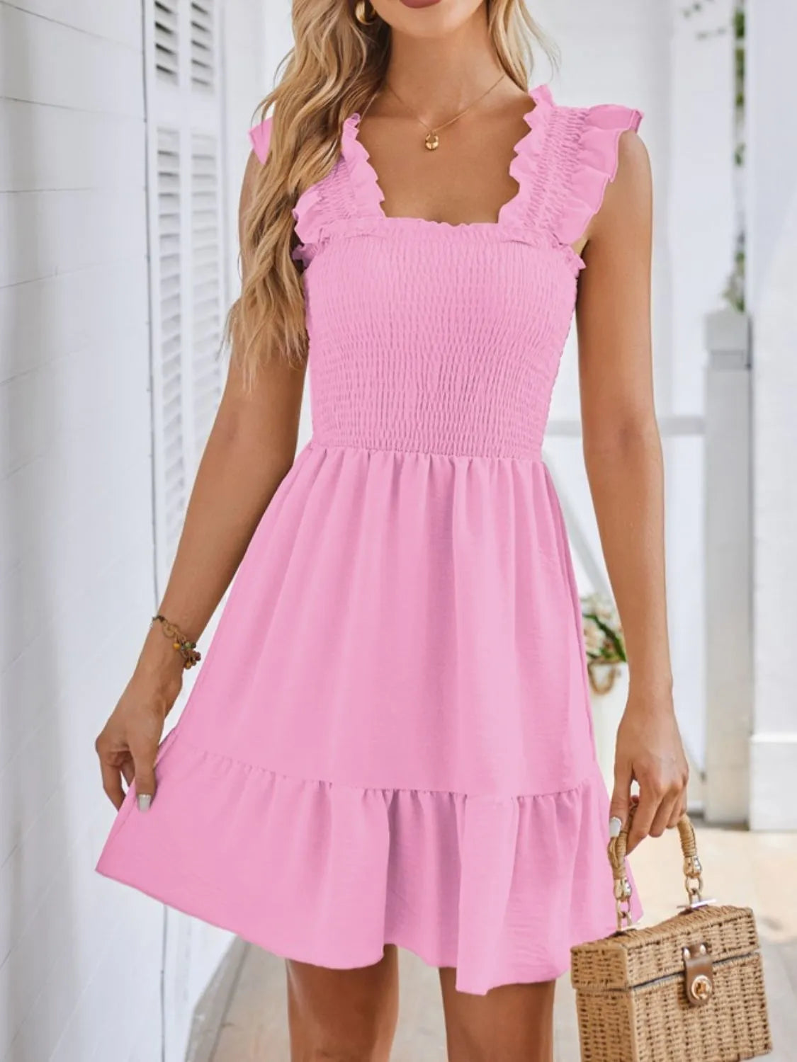 Sun-Kissed Smocked Square-Neck Dress