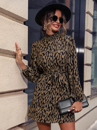 Autumn Leopard Tie-Waist Shirt Dress