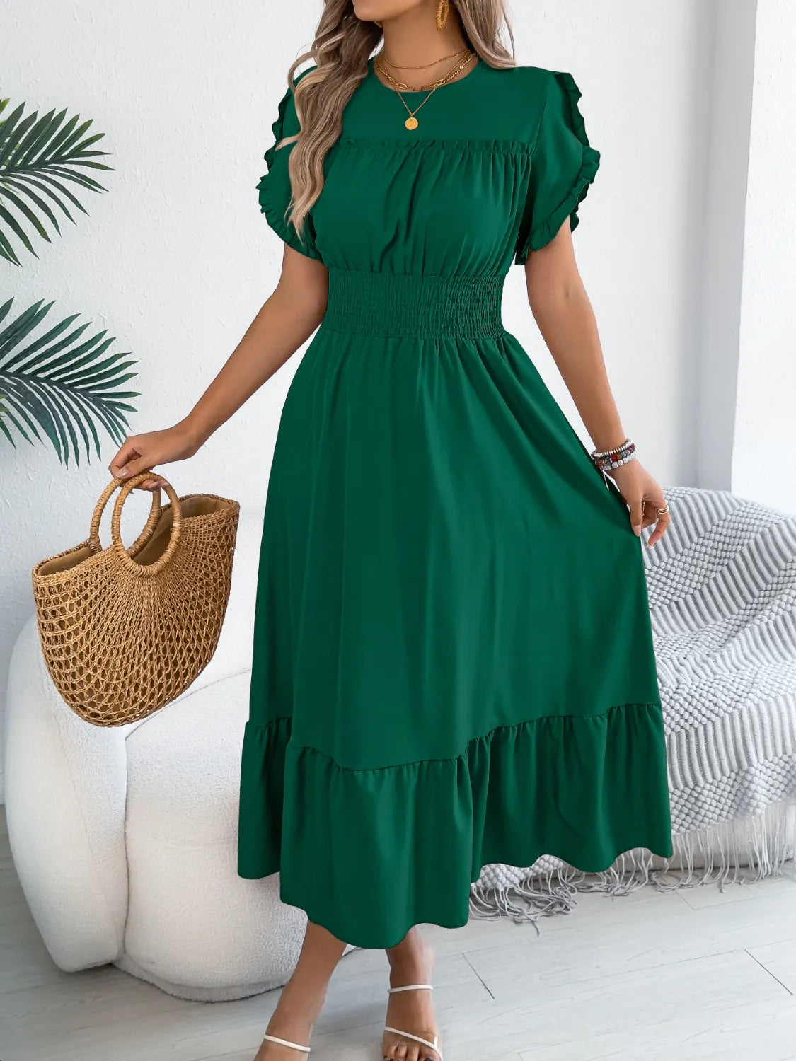 Smocked Frill-Neck Midi Dress