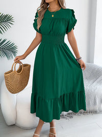 Smocked Frill-Neck Midi Dress