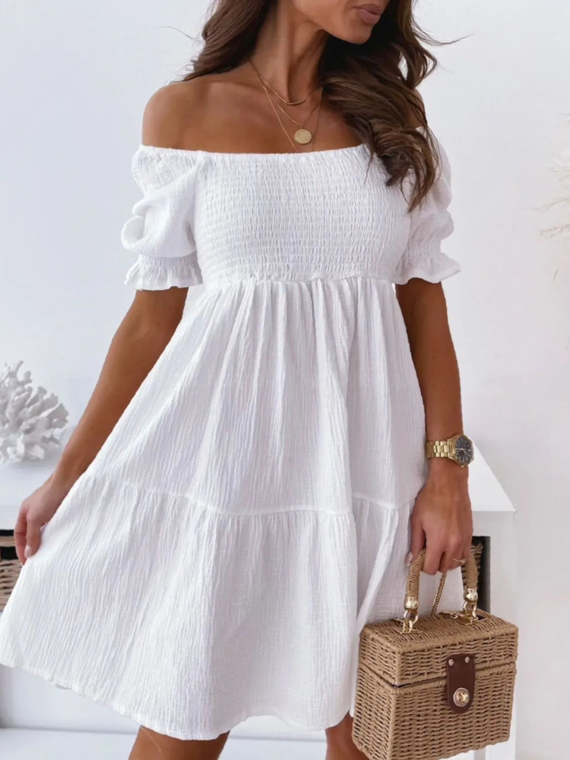 Bardot Smocked Off-Shoulder Mini Dress