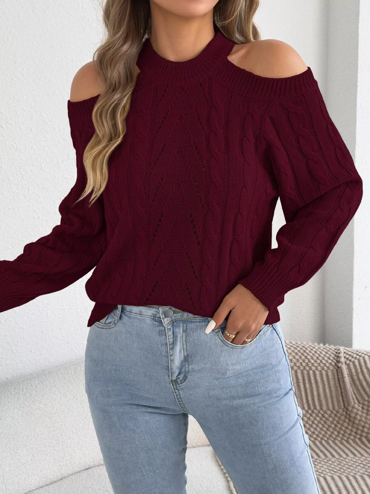 Cold-Shoulder Cable-Knit Jumper