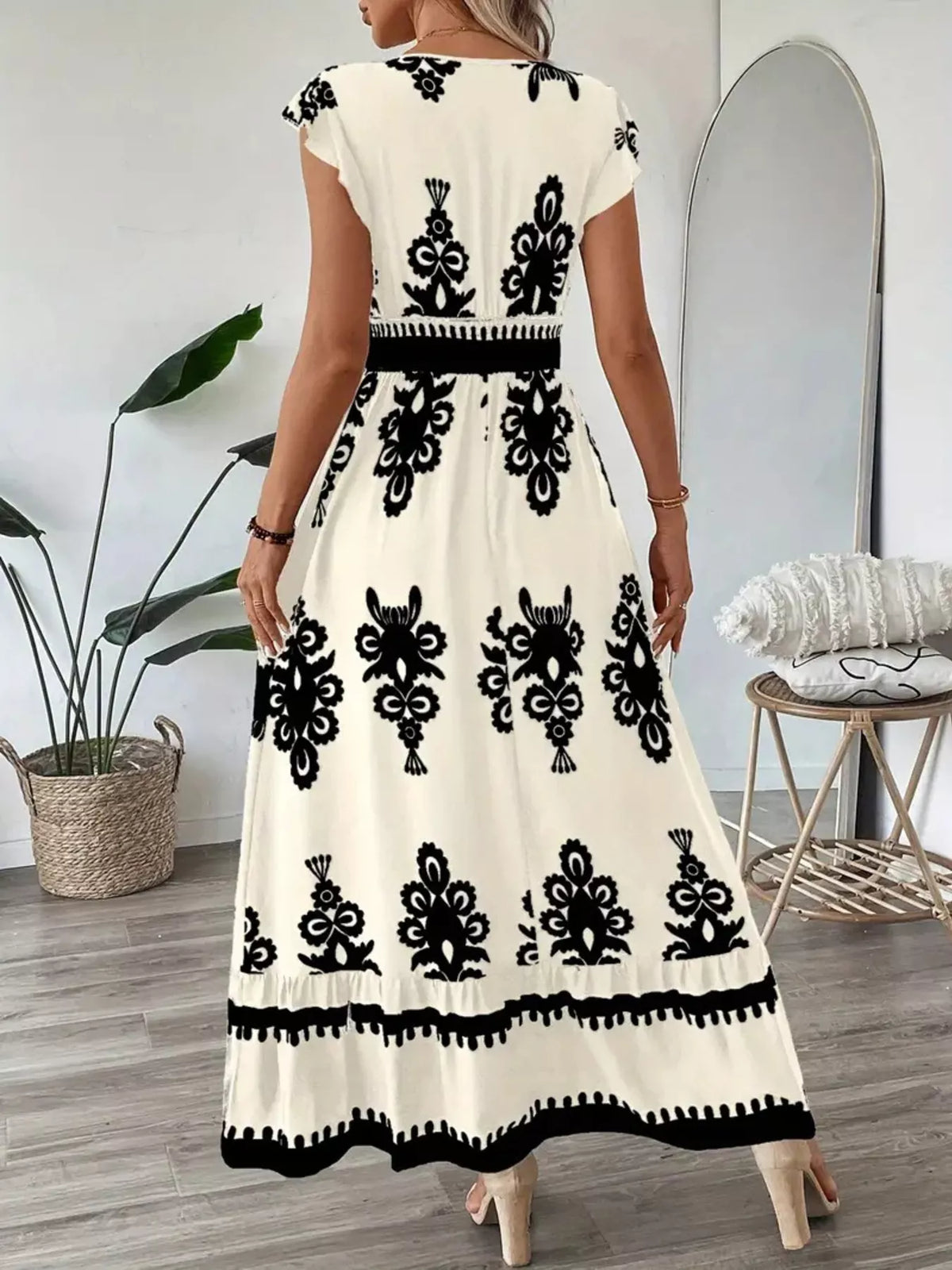 Printed Ruffle V-Neck Maxi Dress