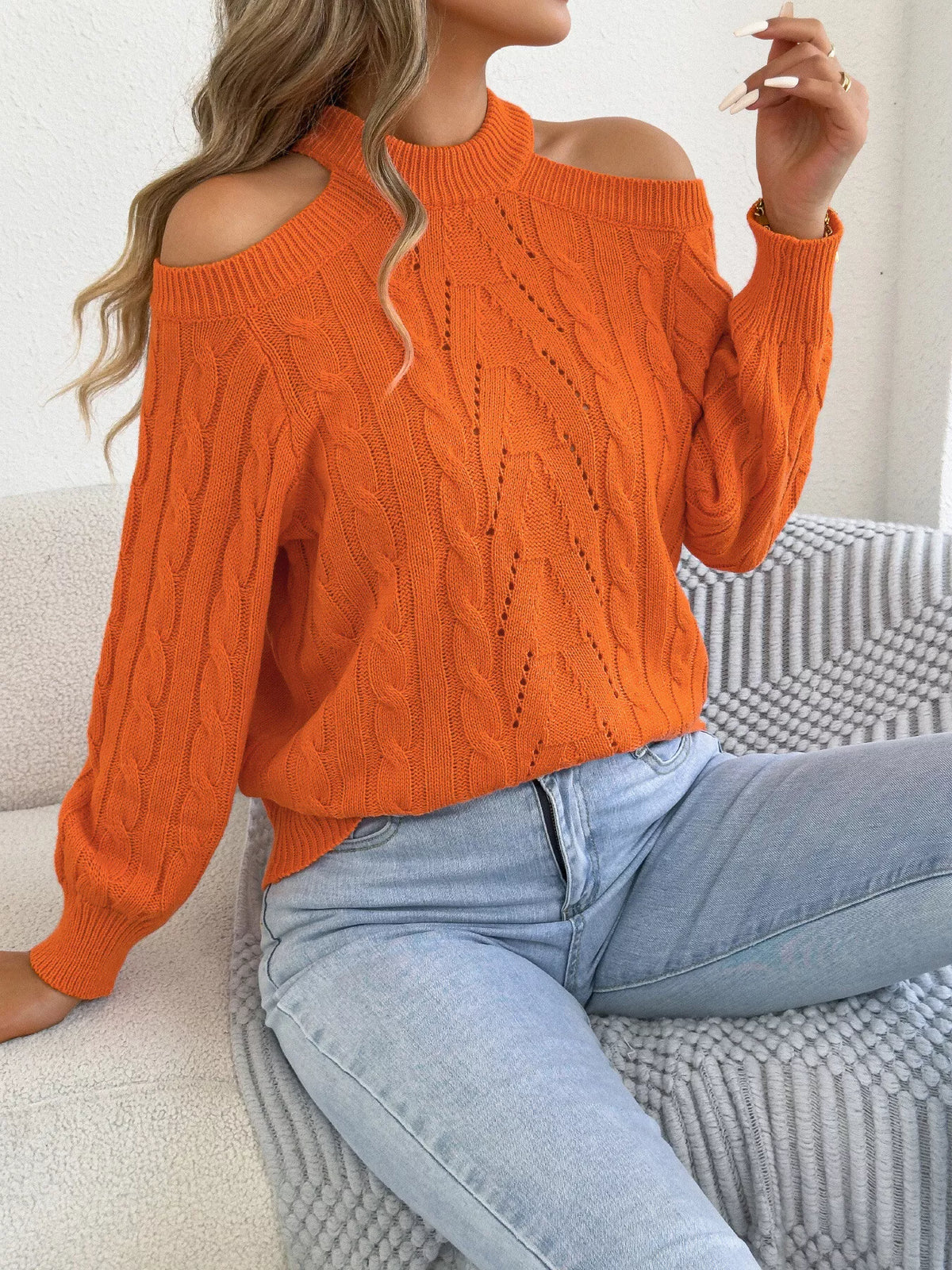 Cold-Shoulder Cable-Knit Jumper