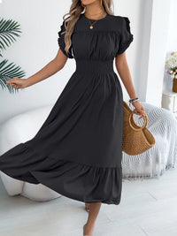 Smocked Frill-Neck Midi Dress