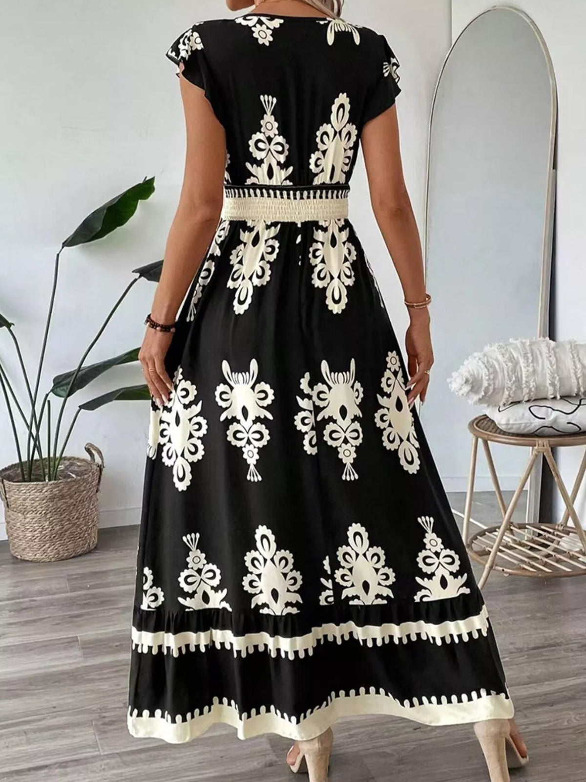 Printed Ruffle V-Neck Maxi Dress