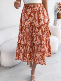 Midnight Floral Ruffle-Hem Midi Skirt