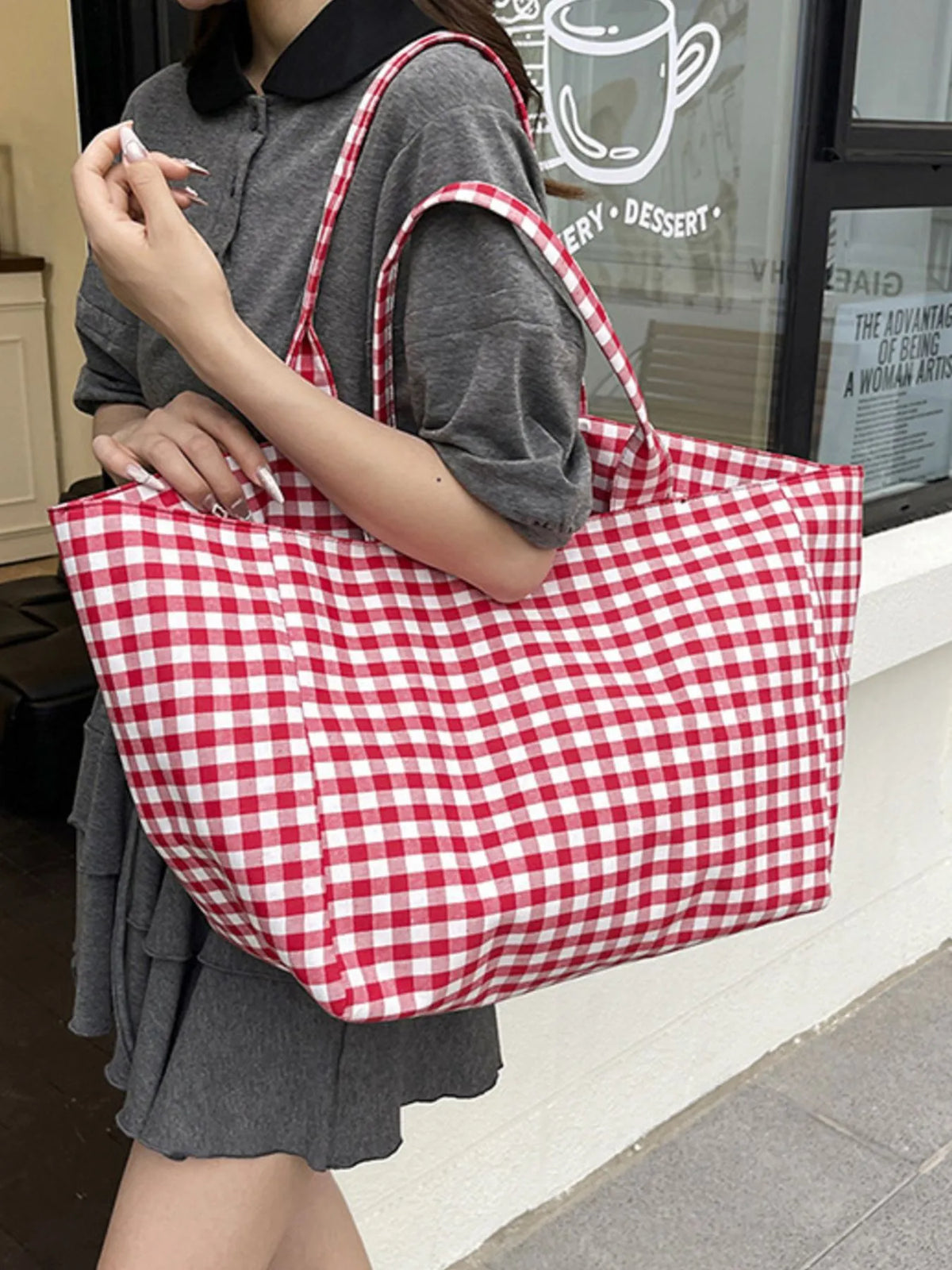 Gingham Canvas Shopper Tote