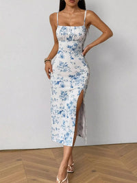 Porcelain Bloom Ruched Slip Dress