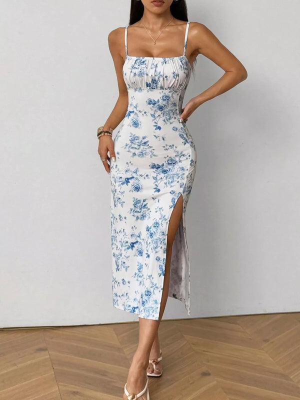 Porcelain Bloom Ruched Slip Dress