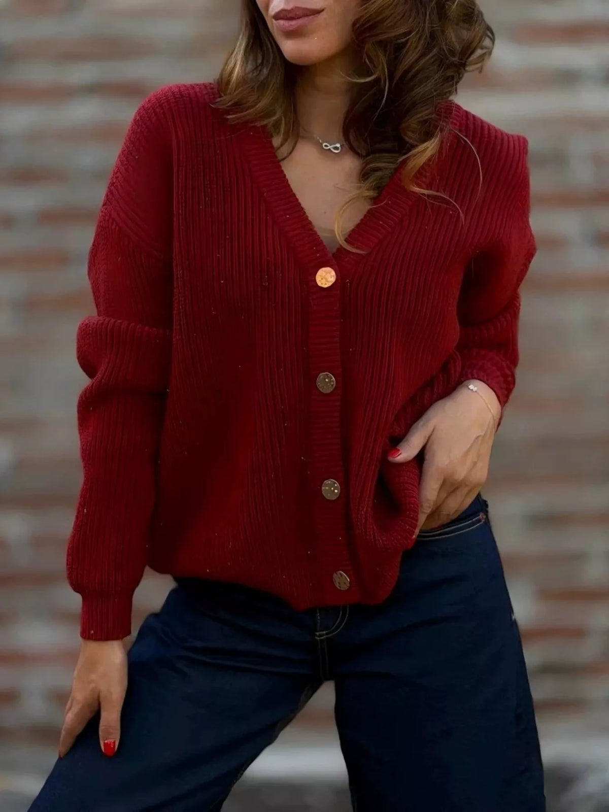 V-Neck Button-Up Knit Cardigan
