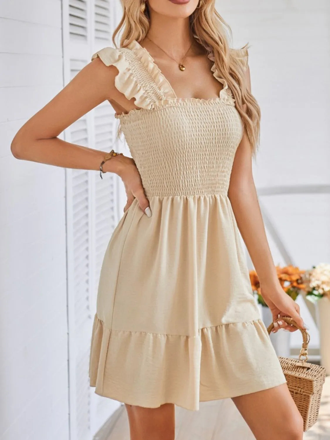 Sun-Kissed Smocked Square-Neck Dress
