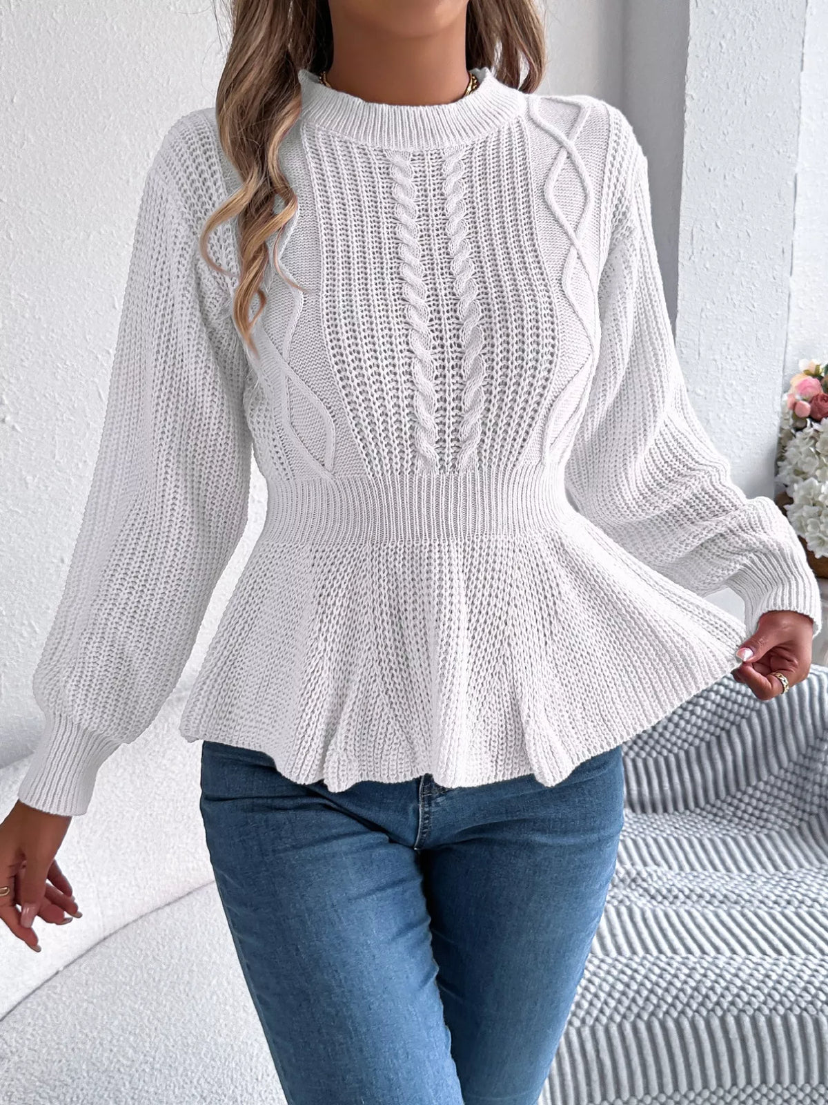 Crew-Neck Cable-Knit Peplum Jumper
