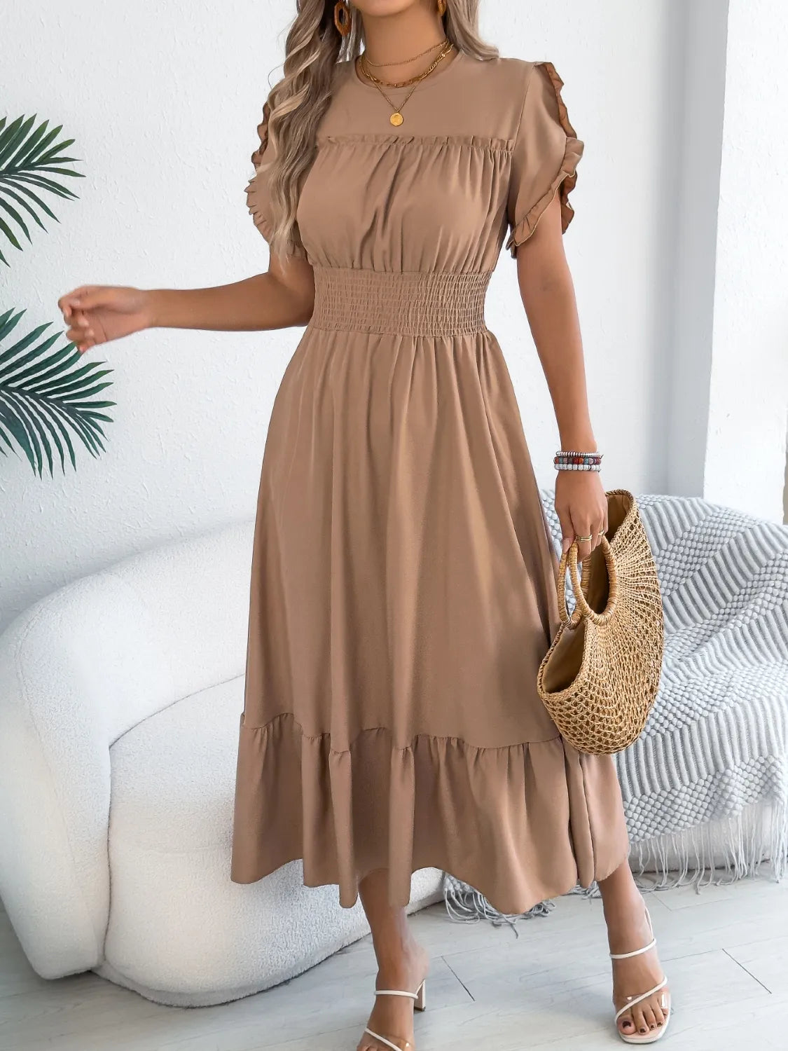 Smocked Frill-Neck Midi Dress