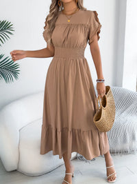 Smocked Frill-Neck Midi Dress