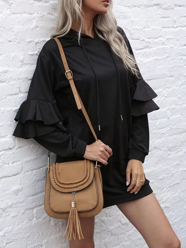 Ruffle-Sleeve Hooded Sweater Dress