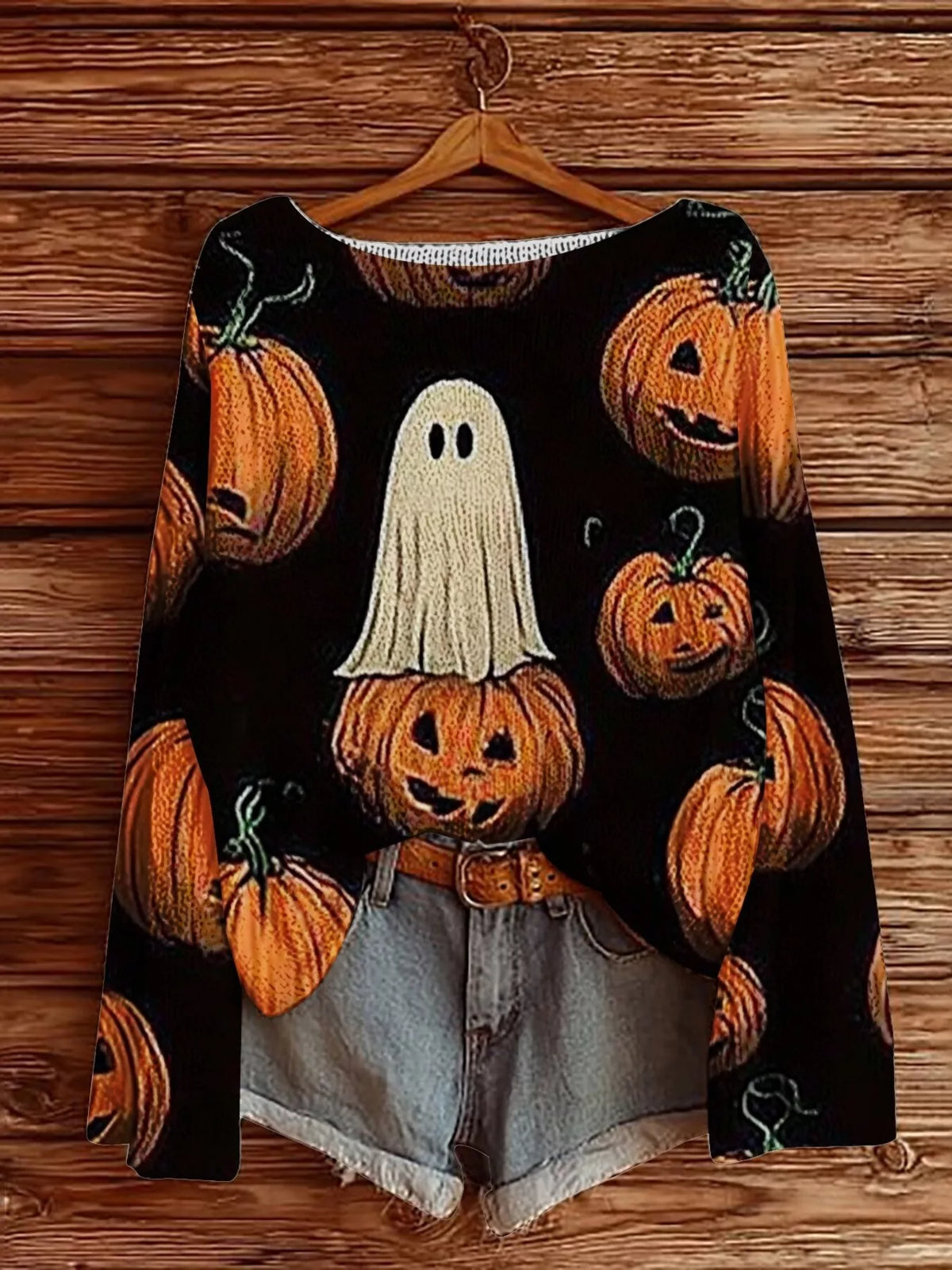 Halloween Ghost Print Boat-Neck Jumper
