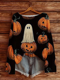 Halloween Ghost Print Boat-Neck Jumper
