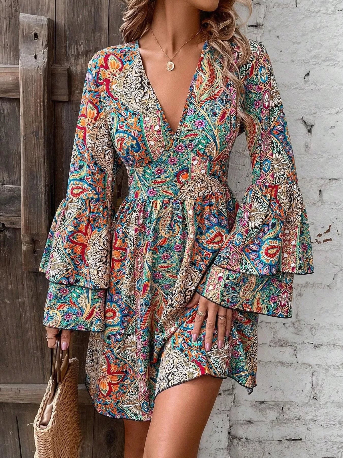 Paisley Bell-Sleeve V-Neck Mini Dress