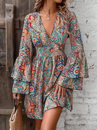 Paisley Bell-Sleeve V-Neck Mini Dress