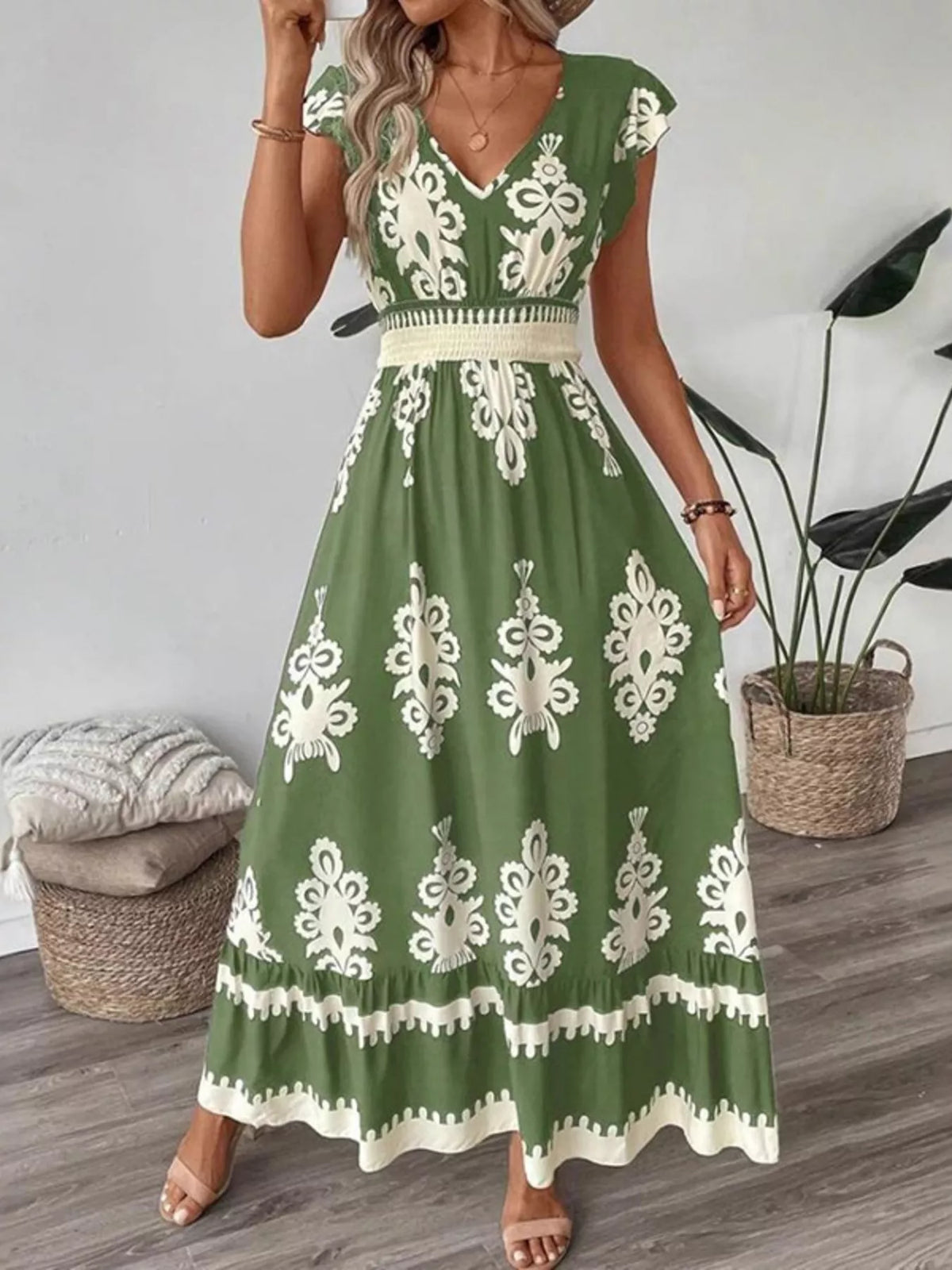 Printed Ruffle V-Neck Maxi Dress