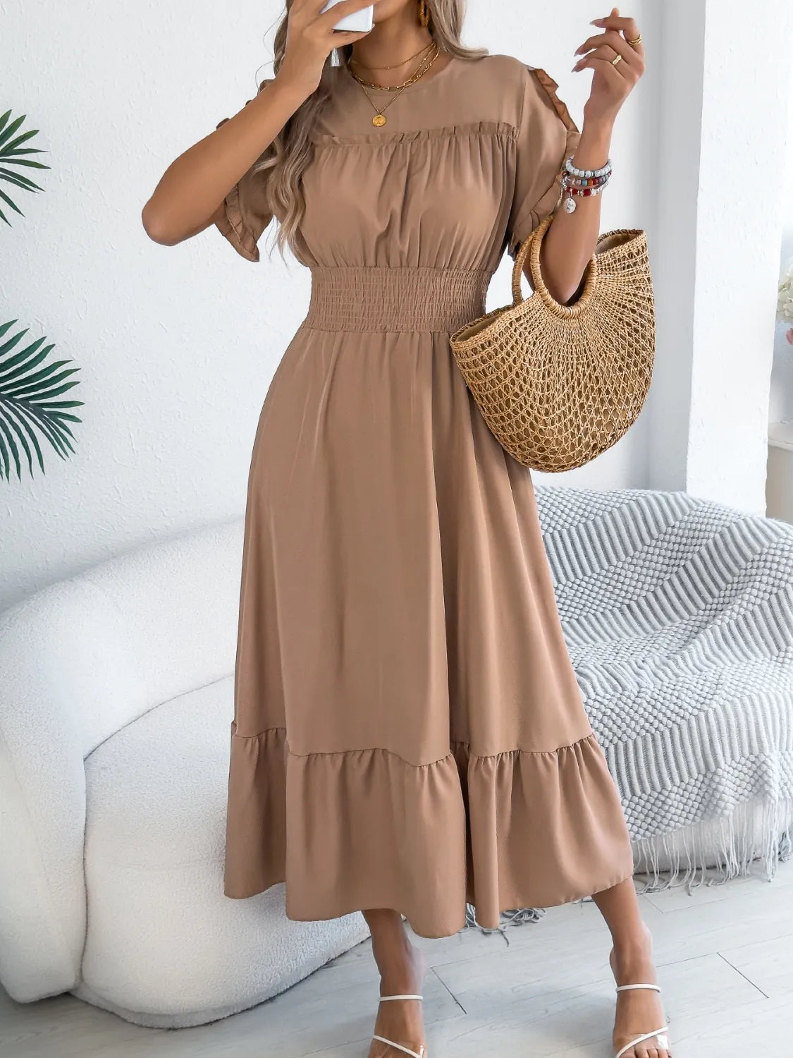Smocked Frill-Neck Midi Dress